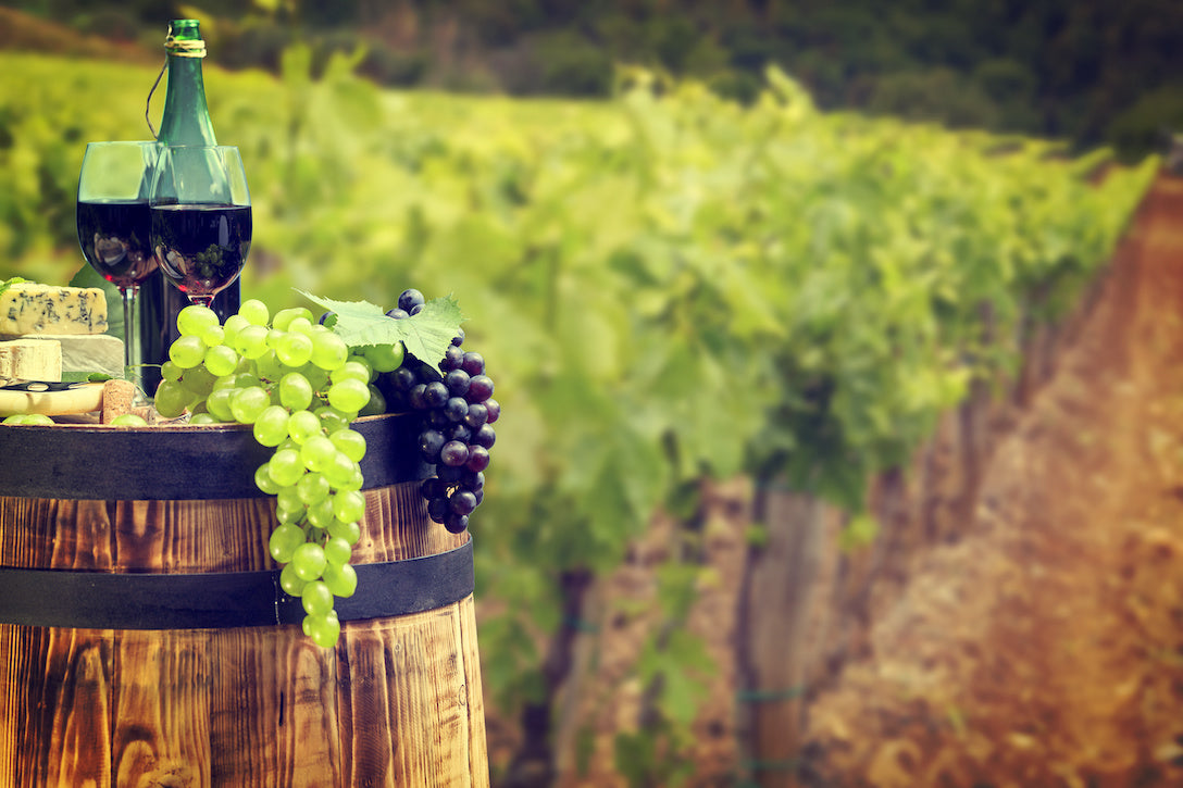 ブドウ畑を背景に樽に置かれた赤ワインとブドウ